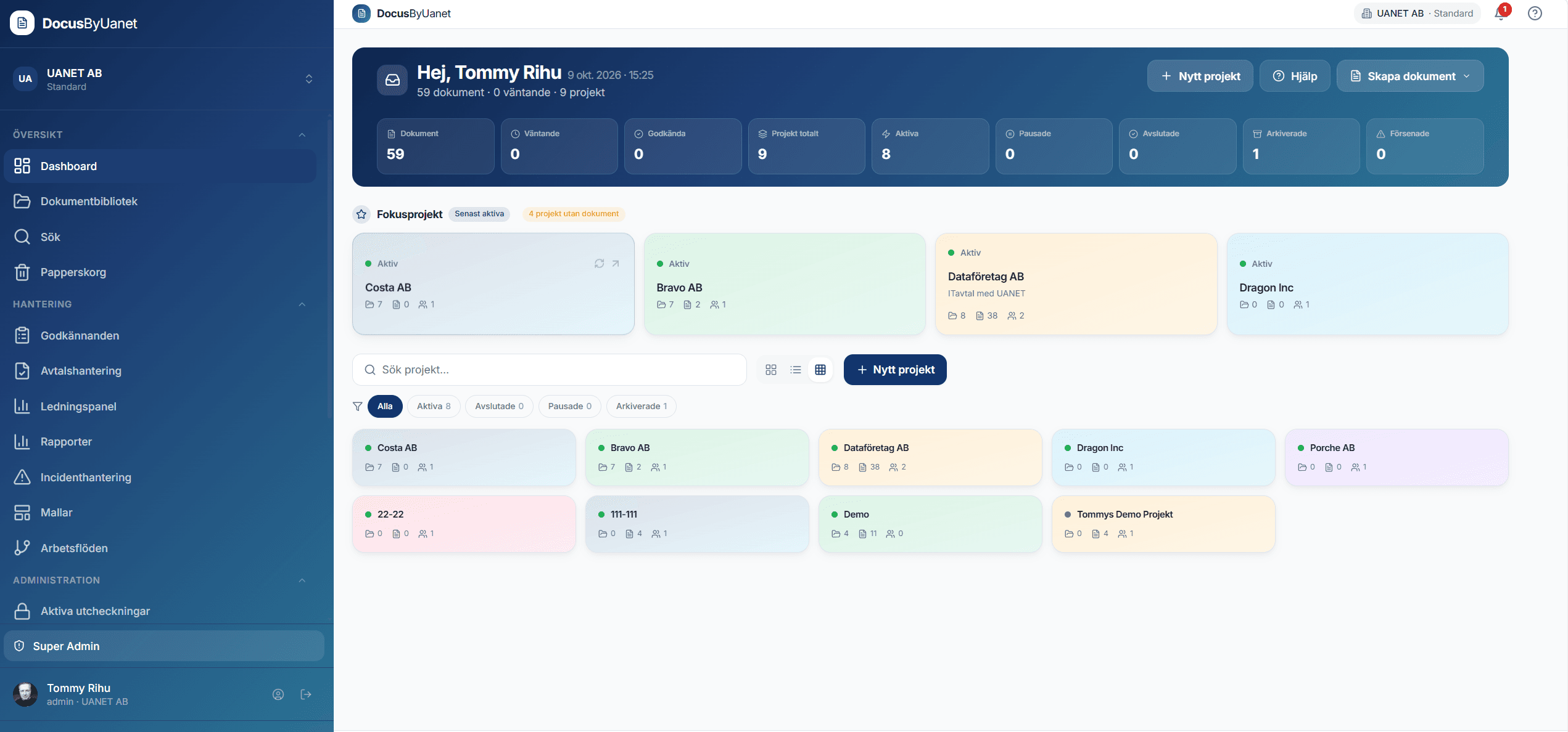 Docus by UANET dashboard med projekt och dokument